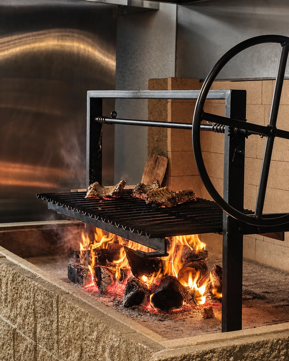 Steaks cooking over the open woodfire grill